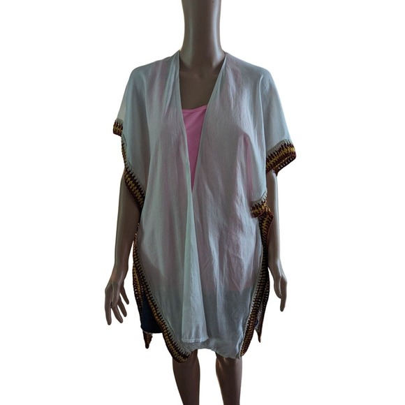 Francesca's Jillian OS Kimono Cover Up Creme with Yellow Red Crochet Edging - Picture 2 of 7